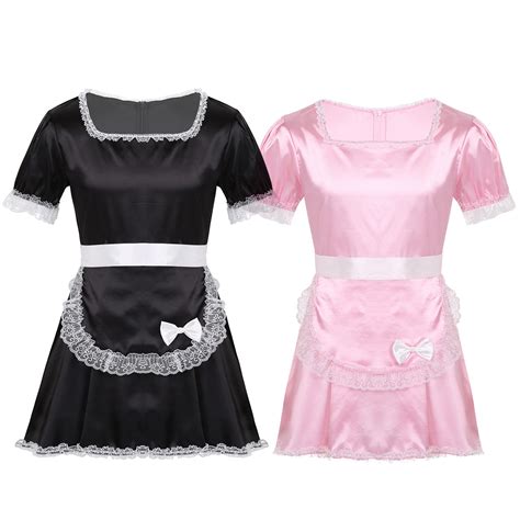 Men Sissy Crossdresser Maid Dress Costume Square Neck Lace Hem Silky