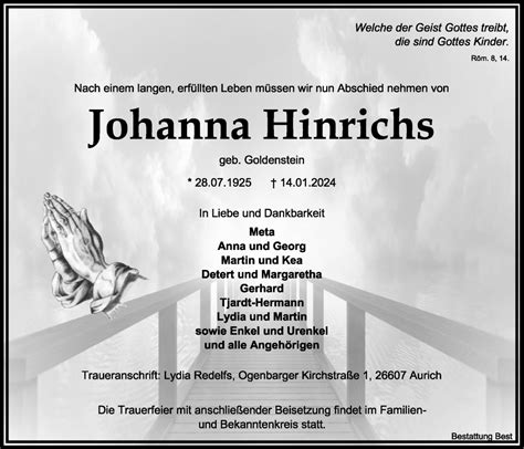 Traueranzeigen Von Johanna Hinrichs Nordwest Trauer De