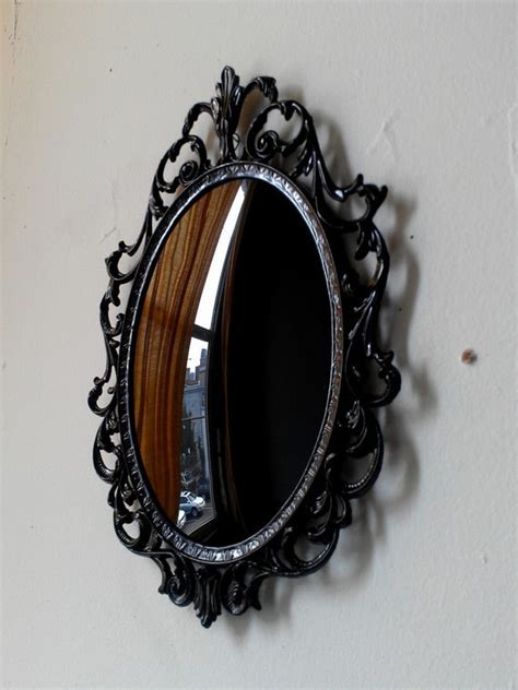 Black Scrying Mirror In Vintage Oval Frame With Convex Glass