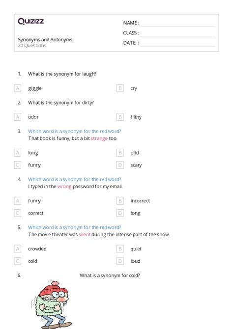 50 Synonyms And Antonyms Worksheets For Grade 5 On Quizizz Free