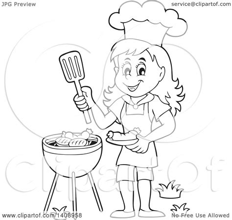 Clipart Of A Black And White Lineart Happy Girl Cooking On Hot Sex