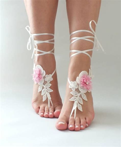 Ivory Pink Lace Barefoot Sandals Wedding Shoes Wedding Photography Beach Wedding Barefoot ...