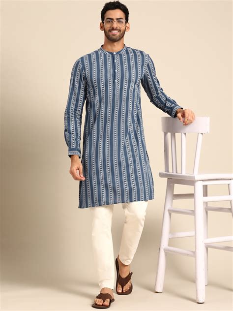 Anouk Men Blue And White Pure Cotton Ethnic Motifs Printed Kurta Price