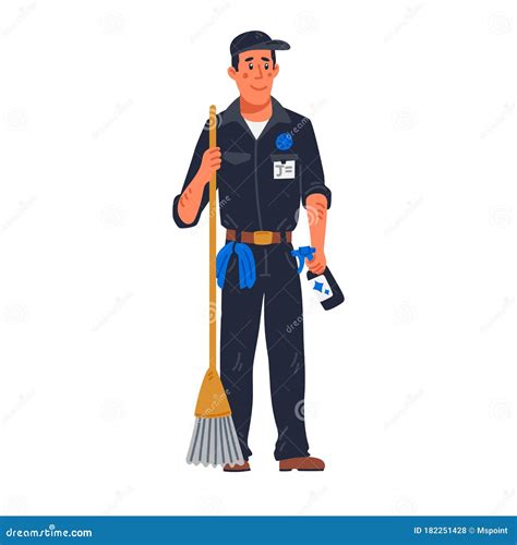 Janitor Male Janitor In Black Uniform Holding Mop Cleaning Service