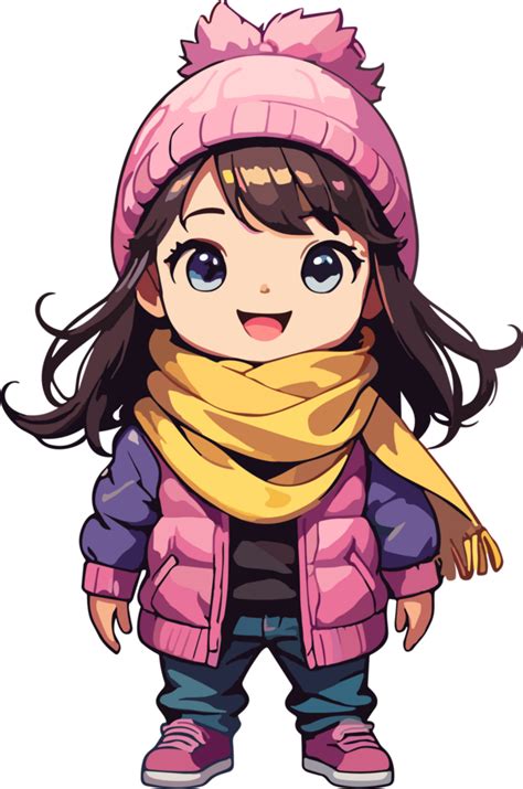 ai generado linda niña sonriente en invierno ropa dibujos animados