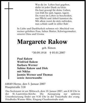 Traueranzeigen Von Margarete Rakow Trauer In Nrw De