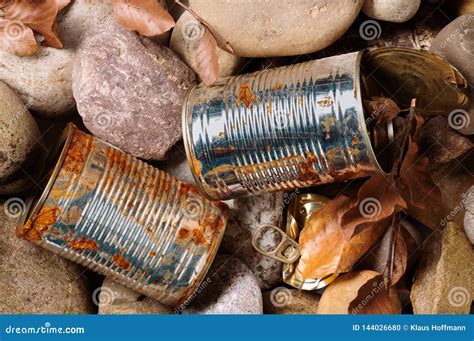 Tin Can Waste On Pebble Beach Floor Closeup Stock Photo Image Of