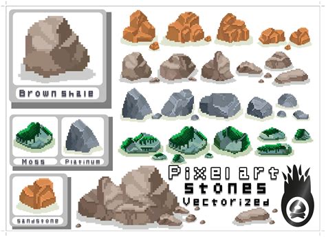 Pack Of 8 Bit Pixelated Rocks Vectorized In Illustrator In Pixelated Format By Oliver Design Arts