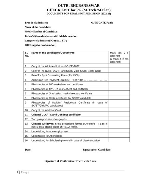 OUTR, BHUBANESWAR CHECK LIST for B.Tech. (Lateral ... Doc Template ...