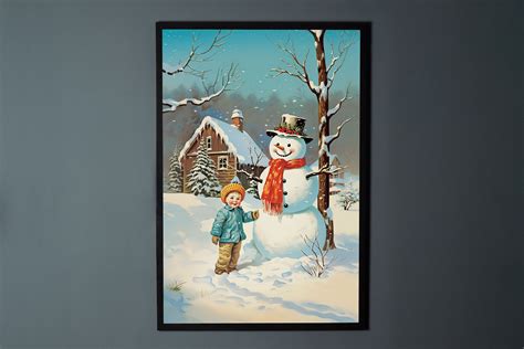 Young Boy With Snowman Vintage Winter Art Vintage Christmas Decor