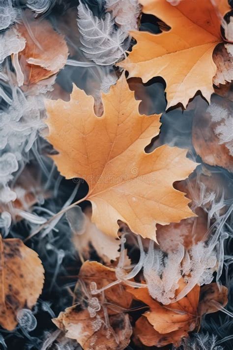 Frost Covered Closeup Autumn Leaves Beautiful Background Cold Weather