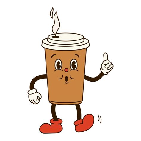 Groovy Retro Cartoon Coffee To Go Character With Eyes And Gloved Hands