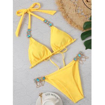 Emmiol Free Shipping 2023 Rhinestone Decor Halter Bikini Set Yellow M