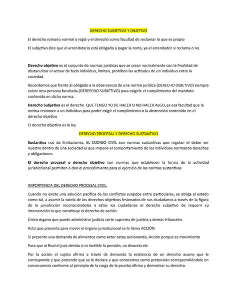 Procesal Civil Apuntes Derecho Subjetivo Y Objetivo El Derecho