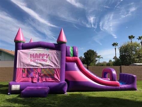 Awesome Pink Purple Happy Birthday Combo Bounce House Slide With Bumper