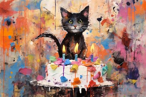 Premium Photo | Cute cat and birthday cake digital oil painting ...