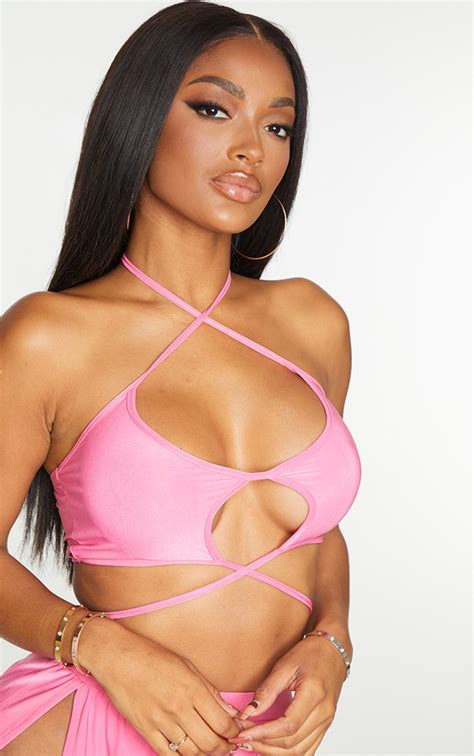 Shape Hot Pink Slinky Halterneck Tie Crop Top Prettylittlething