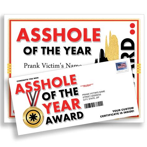 Asshole Of The Year Prank Mail Certificate Award Letter 100 Anonymous Sent Directly To Your