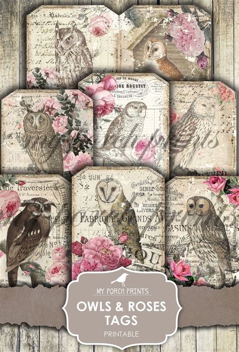 Owls Roses Tags Junk Journal Ephemera My Porch Prints Etsy