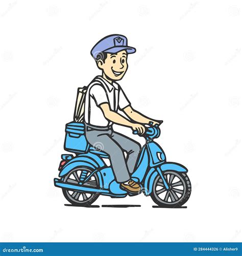 Delivery Man Riding A Blue Scooter Food Post Or Goods Delivery Stock