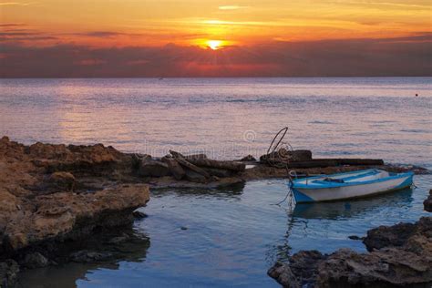 Fishing Boat In The Mediterranean Sea On Sunset Background Relaxing