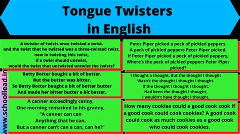 Tongue Twisters In English English Vocabulary School Lead