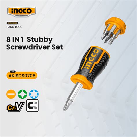 Ingco 8in1 25mm Stubby Screwdriver Set Short Screw Driver Flat Philip