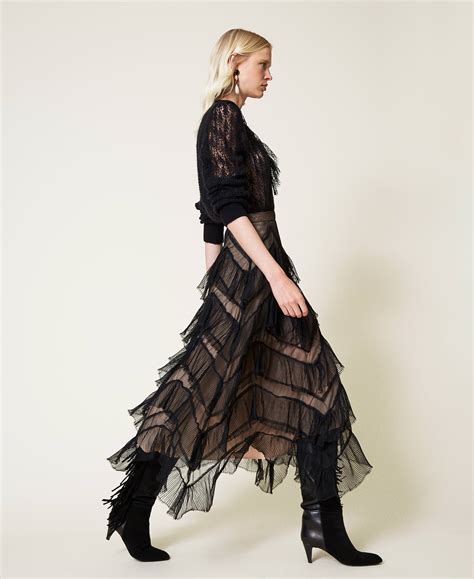 Jupe longue en tulle avec volants plissés Femme Noir TWINSET Milano