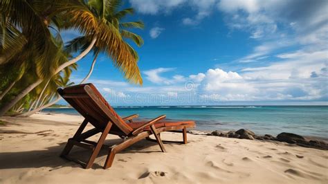 Folding Lounger On The Beach Palm Trees And Sea Or Ocean Beach