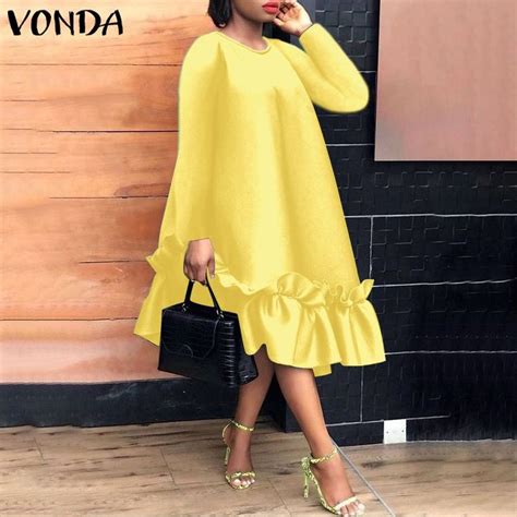 Plus Size Women Dress 2021 Vonda Casual Solid Color Dresses Vintage Sundress Long Sleeve Ruffled