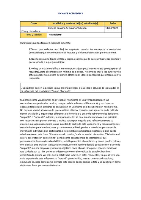 Ficha DE Actividad 3 Etica Y Ciudadania FICHA DE ACTIVIDAD 3 Curso