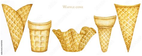 Empty Ice Cream Cones Set On White Background Realistic Watercolor