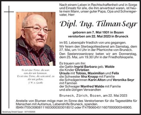 Traueranzeigen Von Dipl Ing Tilman Seyr Trauer Bz