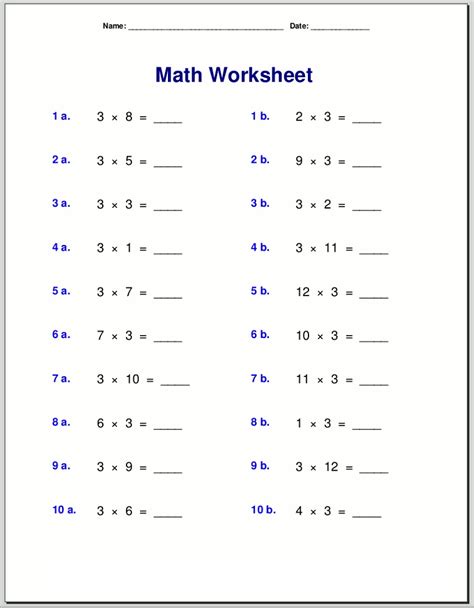 Worksheet 3 Times Tables