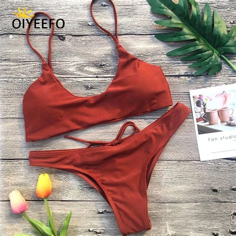 Oiyeefo Solid Brown Bikini Brazilian Bather Bathing Suits Sexy Swimsuit