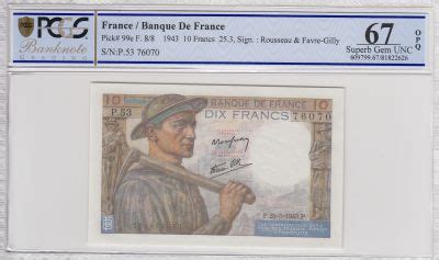 Billet France 10 Francs Mineur 25 03 1943 Série P 53 PCGS 67 OPQ