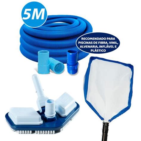 Kit De Limpeza Piscina Mangueira M Aspirador Escova Peneira Fibra