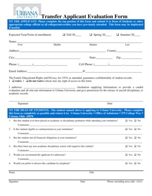 Fillable Online Urbana Transfer Applicant Evaluation Form Urbana