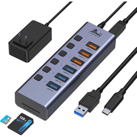 Powered USB Hub with Reader, 8-Port USB Data Hub 3*USB 3.1(10Gbps), 3 ...