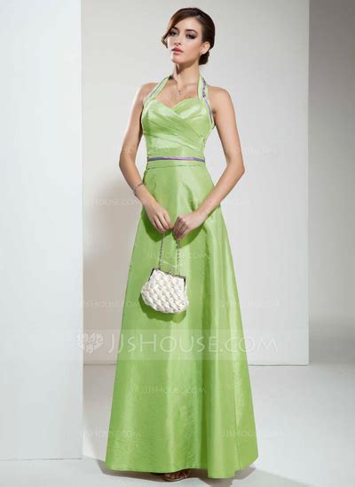 A Line Princess Halter Floor Length Taffeta Bridesmaid Dress With