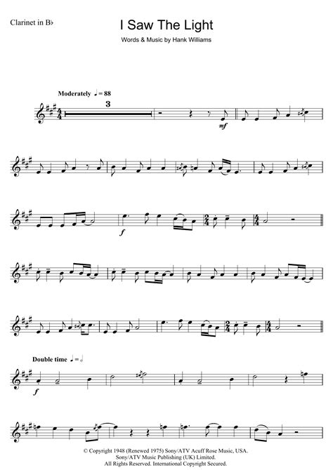 I Saw The Light Sheet Music Hank Williams Clarinet Solo