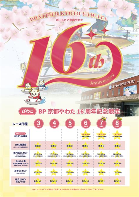 4月3日（月）〜8日（土）、ボートピア京都やわた開設16周年記念競走（びわこ）のイベントを行います。 ボートピア京都やわた