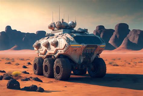 Mars Rover During Mission Futuristic Space Vehicle On Alien Planet