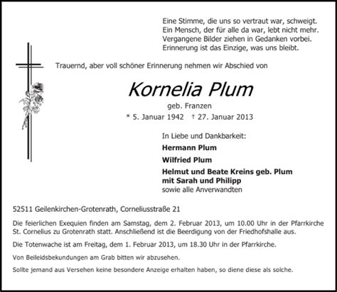 Traueranzeigen Von Kornelia Plum Aachen Gedenkt