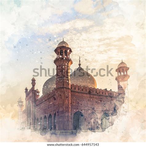 Badshahi Mosque Watercolor Sketch Stock Illustration