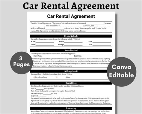 Car rental agreement car rental contract printable vehicle lease