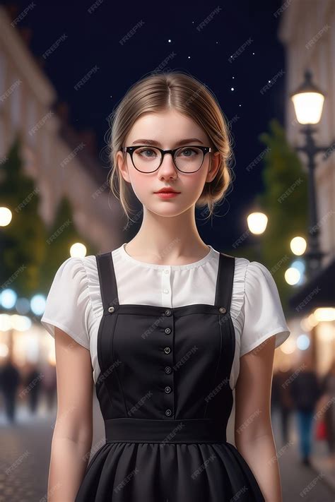 Premium Photo A Pretty European Girl In A Black Pinafore Dress And Glasses On A Night