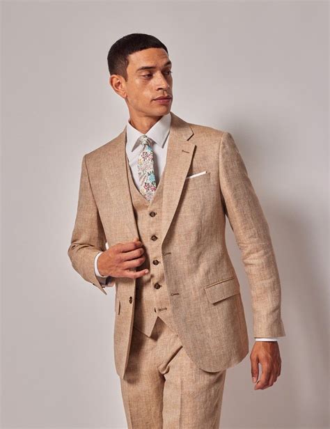 Men S Sand Linen Herringbone Tailored Italian Waistcoat