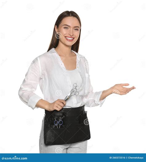 Portrait of Happy Hairdresser with Professional Scissors on White