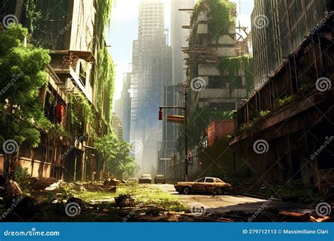 An Image Depicting A Deserted City With Overgrown Vegetation And